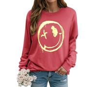 WIEIYM Women Sweatshirt Smile Face Crewneck Pullover Long Sleeve T Shirt Graphic Print Basic Tops Causal Jumpers S-XXL Red