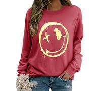 WIEIYM Women Sweatshirt Smile Face Crewneck Pullover Long Sleeve T Shirt Graphic Print Basic Tops Causal Jumpers S-XXL Red