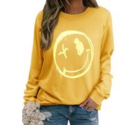WIEIYM Women Sweatshirt Smile Face Crewneck Pullover Long Sleeve T Shirt Graphic Print Basic Tops Causal Jumpers S-XXL Yellow