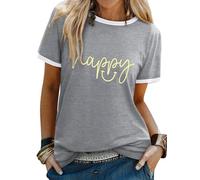 WIEIYM Women T Shirt Smile Be Happy Tshirt Crew Neck T-Shirts Unisex Summer Tee Causal Basic Cotton Tops