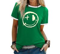 WIEIYM Women T Shirt Smile Face Graphic Happy Summer Casual Tee Deep Green