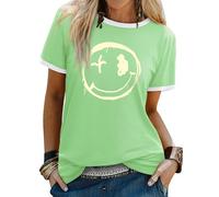 WIEIYM Women T Shirt Smile Face Graphic Happy Summer Casual Tee Light Green