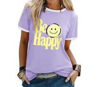 WIEIYM Women T Shirt Smile Graphic Be Happy Slogan Tshirt Crew Neck T-Shirts Unisex Summer Tee Causal Basic Cotton Tops Purple