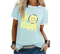 WIEIYM Women T Shirt Smile Graphic Be Happy Slogan Tshirt Crew Neck T-Shirts Unisex Summer Tee Causal Basic Cotton Tops Sky Blue M