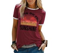 WIEIYM Women T-Shirts for Summer Bring On The Sunshine Letter Print Casual T-Shirt Ladies Short Sleeve Tee Shirt Girls Fashion Tops(Claret, XL)