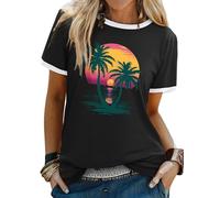 WIEIYM Women T Shirts Tree Sunset Sea Graphic Print Summer Ladies Tshirt Holiday Beach Hawaiian T Shirt Unisex Crew Neck Short Sleeve Tops Black