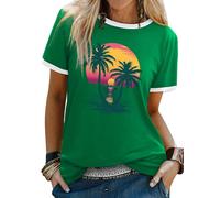 WIEIYM Women T Shirts Tree Sunset Sea Graphic Print Summer Ladies Tshirt Holiday Beach Hawaiian T Shirt Unisex Crew Neck Short Sleeve Tops Green