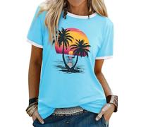 WIEIYM Women T Shirts Tree Sunset Sea Graphic Print Summer Ladies Tshirt Holiday Beach Hawaiian T Shirt Unisex Crew Neck Short Sleeve Tops Blue