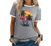 WIEIYM Women T Shirts Tree Sunset Sea Graphic Print Summer Ladies Tshirt Holiday Beach Hawaiian T Shirt Unisex Crew Neck Short Sleeve Tops Grey