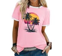 WIEIYM Women T Shirts Tree Sunset Sea Graphic Print Summer Ladies Tshirt Holiday Beach Hawaiian T Shirt Unisex Crew Neck Short Sleeve Tops Light Pink