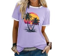 WIEIYM Women T Shirts Tree Sunset Sea Graphic Print Summer Ladies Tshirt Holiday Beach Hawaiian T Shirt Unisex Crew Neck Short Sleeve Tops Purple