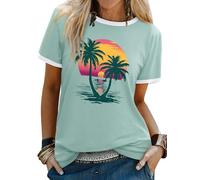 WIEIYM Women T Shirts Tree Sunset Sea Graphic Print Summer Ladies Tshirt Holiday Beach Hawaiian T Shirt Unisex Crew Neck Short Sleeve Tops