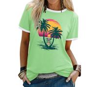 WIEIYM Women T Shirts Tree Sunset Sea Graphic Print Summer Ladies Tshirt Holiday Beach Hawaiian T Shirt Unisex Crew Neck Short Sleeve Tops Light Green