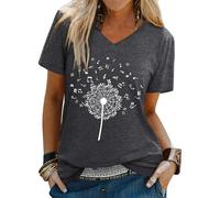 WIEIYM Women T-Shirts V Neck Dandelion Graphic Tshirts Summer Ladies T Shirts Casual Tee Shirt Teenager Girls Tops