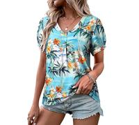 WIEIYM Women V Neck T Shirt Pleated Puff Short Sleeve Tropic Floral Printed Blouse Tops Summer Hawaiian Shirts for Holiday Beach Surf Turquoise