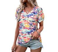 WIEIYM Women V Neck T Shirt Pleated Puff Short Sleeve Tropic Floral Printed Blouse Tops Summer Hawaiian Shirts for Holiday Beach Surf Multicolour