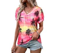 WIEIYM Women V Neck T Shirt Pleated Puff Short Sleeve Tropic Floral Printed Blouse Tops Summer Hawaiian Shirts for Holiday Beach Surf Hot Pink