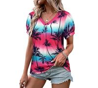 WIEIYM Women V Neck T Shirt Pleated Puff Short Sleeve Tropic Floral Printed Blouse Tops Summer Hawaiian Shirts for Holiday Beach Surf Fuchsia