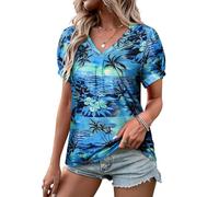 WIEIYM Women V Neck T Shirt Pleated Puff Short Sleeve Tropic Floral Printed Blouse Tops Summer Hawaiian Shirts for Holiday Beach Surf Lake Blue