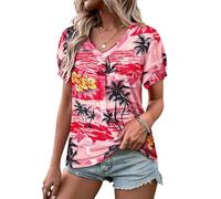 WIEIYM Women V Neck T Shirt Pleated Puff Short Sleeve Tropic Floral Printed Blouse Tops Summer Hawaiian Shirts for Holiday Beach Surf Pink