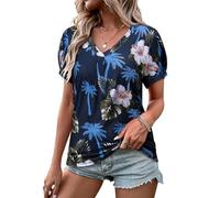 WIEIYM Women V Neck T Shirt Pleated Puff Short Sleeve Tropic Floral Printed Blouse Tops Summer Hawaiian Shirts for Holiday Beach Surf Blue