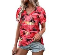 WIEIYM Women V Neck T Shirt Pleated Puff Short Sleeve Tropic Floral Printed Blouse Tops Summer Hawaiian Shirts for Holiday Beach Surf Red