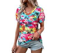 WIEIYM Women V Neck T Shirt Pleated Puff Short Sleeve Tropic Floral Printed Blouse Tops Summer Hawaiian Shirts for Holiday Beach Surf