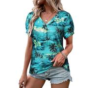 WIEIYM Women V Neck T Shirt Pleated Puff Short Sleeve Tropic Floral Printed Blouse Tops Summer Hawaiian Shirts for Holiday Beach Surf Teal
