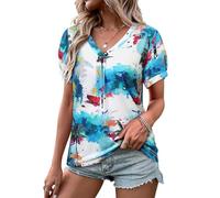 WIEIYM Women V Neck T Shirt Pleated Puff Short Sleeve Tropic Floral Printed Blouse Tops Summer Hawaiian Shirts for Holiday Beach Surf Light Blue