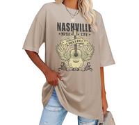WIEIYM Womens Oversized Nashville Music T Shirt Rock Tshirts Vintage Guitar Wings Graphic Tee Shirt Country Concert Band Short Sleeve Tops Grey