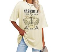 WIEIYM Womens Oversized Nashville Music T Shirt Rock Tshirts Vintage Guitar Wings Graphic Tee Shirt Country Concert Band Short Sleeve Tops Light Yellow