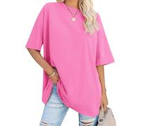 WIEIYM Women's Oversized T-Shirt Casual Short Sleeve Crew Neck Loose Fit Tee Drop Shoulder Baggy Summer Tops Cotton Blend Basic Solid Colour Tunic Hot Pink