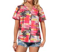 WIEIYM Womens T-Shirt Hawaiian Shirt V Neck Floral Short Sleeve T Shirt Tropical Printed Tunic Top Buttons Down Shirts Hot Pink