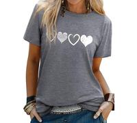 WIEIYM Women's T-Shirts Love Heart Print Ladies T Shirts Valentine's Day Tshirt Summer T Shirt Unisex Crew Neck Short Sleeve Tops Grey