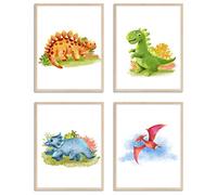 WIETRE® Set of 4 Pictures Dinosaur Nursery Baby Room Decoration Picture Boy Girl Poster DIN A4 Dinos T-Rex Animals (without Frame)