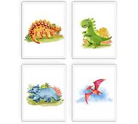 WIETRE® Set of 4 Pictures Dinosaurs Nursery Baby Room Decoration, Picture Boy Girl Posters DIN A4, Dinos T-Rex Animals (with White Frame)