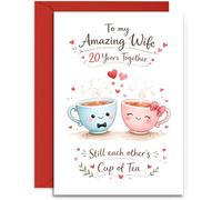 Wife 20th Anniversary Card - Cute Tea Cups and Hearts Design - 20th China Anniversary Card - A5 Size Card with Red Envelope