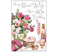Wife 40th Birthday Card - Age 40 - Special Wife - Roses and Champagne Romantic Design - Special Finishes and Illustrated Insert Leaf - Made in the UK