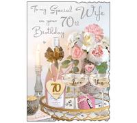 Wife 70th Birthday Card - Pink Champagne and Flowers with Glitter Foil 9x6.25