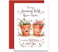 Wife 9th Anniversary Card - Cute Pair of Pots Design - 9th Pottery Anniversary Card - A5 Size Card with Red Envelope