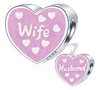 Wife and Husband Charms fit Pandora Valentines Day Bracelet, 925 Sterling Silver I Love You Wifey Pink Enamel Heart Esposos Esposa Beads, Gift for Couple/Bride/Wedding Anniversary