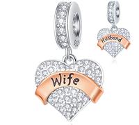 Wife and Husband Heart Pendant Charms fits Pandora Valentines Anniversary Bracelet, Sparkle CZ 925 Sterling Silver Beautiful Wifey Beads, Gift for Lover/Couple/Bride/Wedding