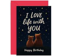 Wife Birthday Card for Her, Special Bday Gift for Husband 'I Love Life With You' Bears and Star Sky Design