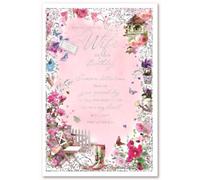 Wife Birthday Card - Garden Theme Flowers Butterflies and Silver Foil Verse 9x6"