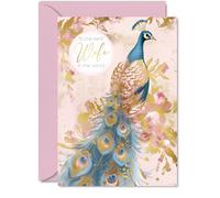 Wife Birthday Card - Gold Peacock - Beautiful Happy Birthday Card for Wife from Partner Husband, 5x7 Inch Female Bird Bday Golden Greeting Cards