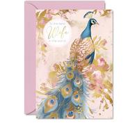 Wife Birthday Card - Gold Peacock - Beautiful Happy Birthday Card for Wife from Partner Husband, A5 Female Bird Bday Golden Greeting Cards