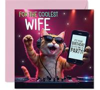 Wife Birthday Card - Party DJ Cat - Happy Birthday Card for Wife from Husband Partner, 145mm deejay cat Bday Greeting Cards