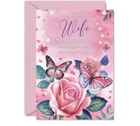 Wife Birthday Card - Pink Rose Butterfly - Beautiful Happy Birthday Card for Wife from Partner Husband, A5 Female Floral Bday Greeting Cards