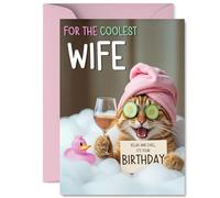 Wife Birthday Card - Relaxing Bath Cat - Happy Birthday Card for Wife from Husband Partner, A5 Joke Humour Bday Greeting Cards