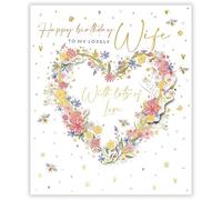 Wife Birthday Card - Special Finishes and Embellishments - Lovely Wife - Floral Love Heart Feminine Design - Eco-Friendly - Recyclable